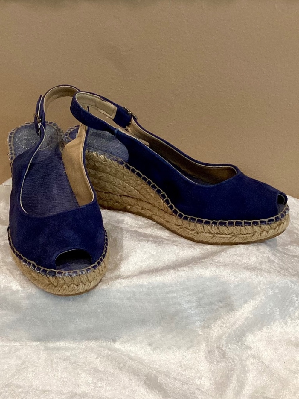 Toni Pons Calpe-V20 Navy Suede Peep Toe Sling Back Wedge Espadrille EU 35 US 5